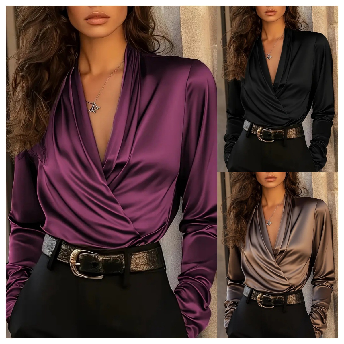 Women'S Formal Evening Wear Tops - 여성용 새틴 랩 브이넥 긴팔 블라우스