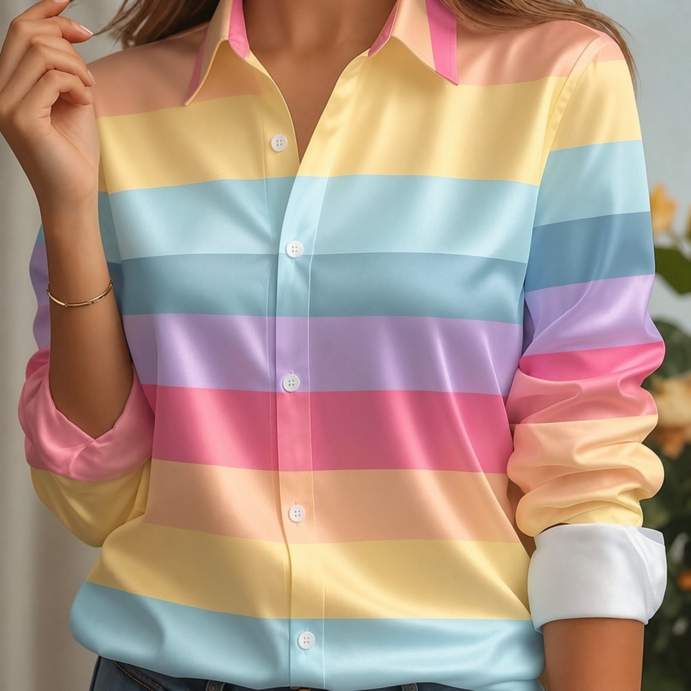 Silk Blouse Button - 여성용 새틴 라펠 칼라 셔츠 파스텔