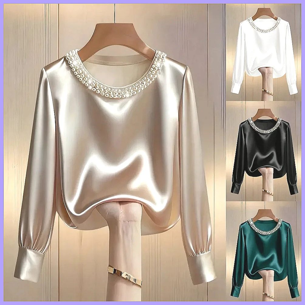 Silk Blouse Button - 여성용 우아한 비즈 장식 새틴 블라우스,