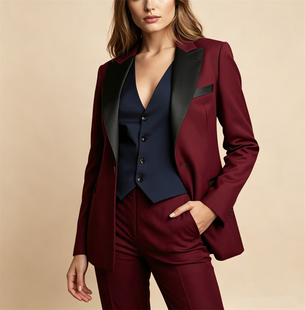 Women Formal Wear Vest - 우아한 버건디 여성 정장 3피스 수트