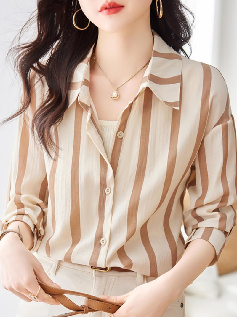 Women'S Formal Evening Wear Tops - 여성용 살구색 스트라이프 긴팔 셔츠, 고급