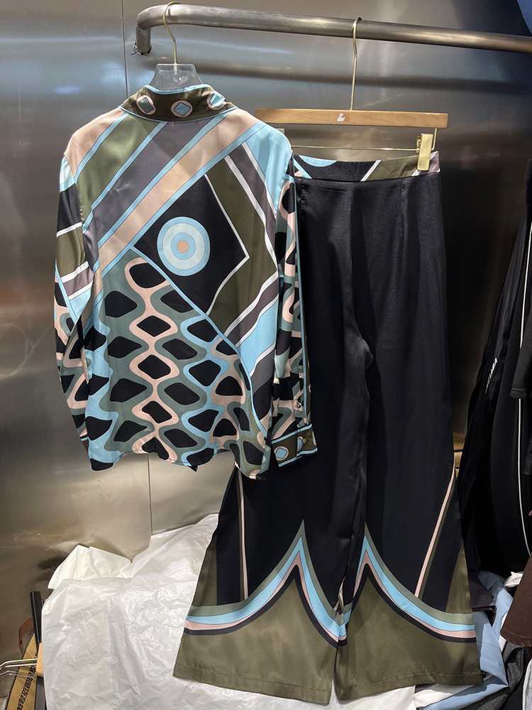 레트로 기하학 무늬 프린트 실크 셔츠 투피스 세트 20 - Silk Blouse Button 리뷰 및 가격