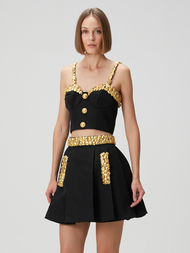 골드 버튼이 있는 블랙 투피스 세트 드레스, 럭셔리 크 - Women'S Formal Evening Wear Tops 리뷰 및 가격