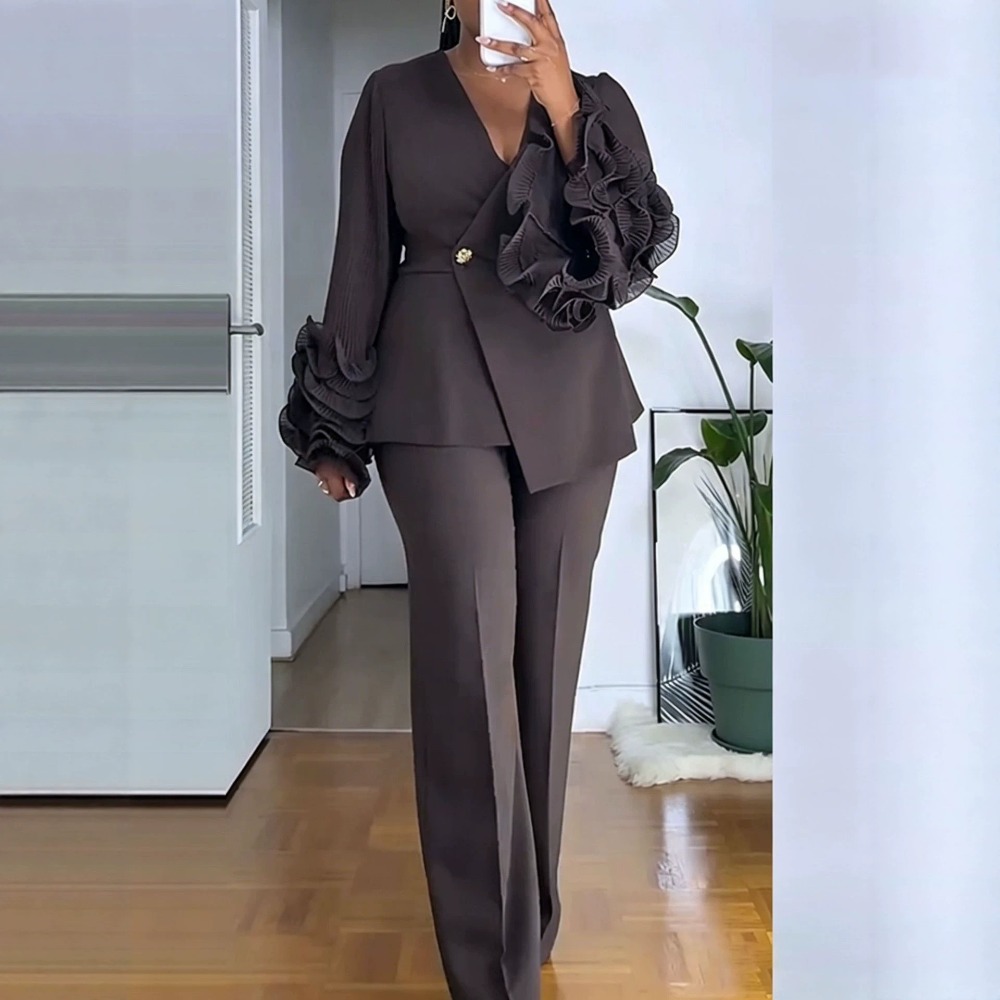 여성용 2피스 팬츠 슈트 딥-V 러플 긴소매 블레이저  - Formal Attire Woman 리뷰 및 가격