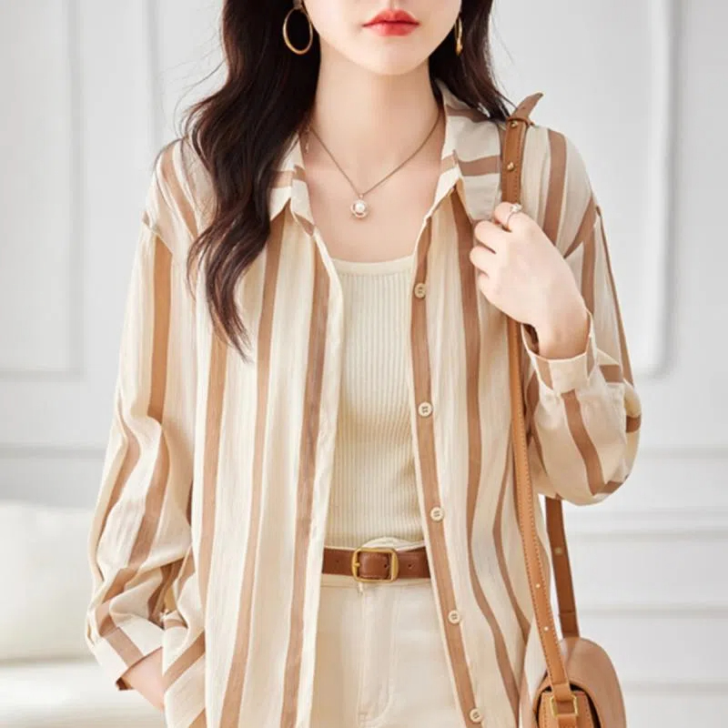 여성용 살구색 스트라이프 긴팔 셔츠, 고급 용수철 착용 - Women'S Formal Evening Wear Tops 리뷰 및 가격